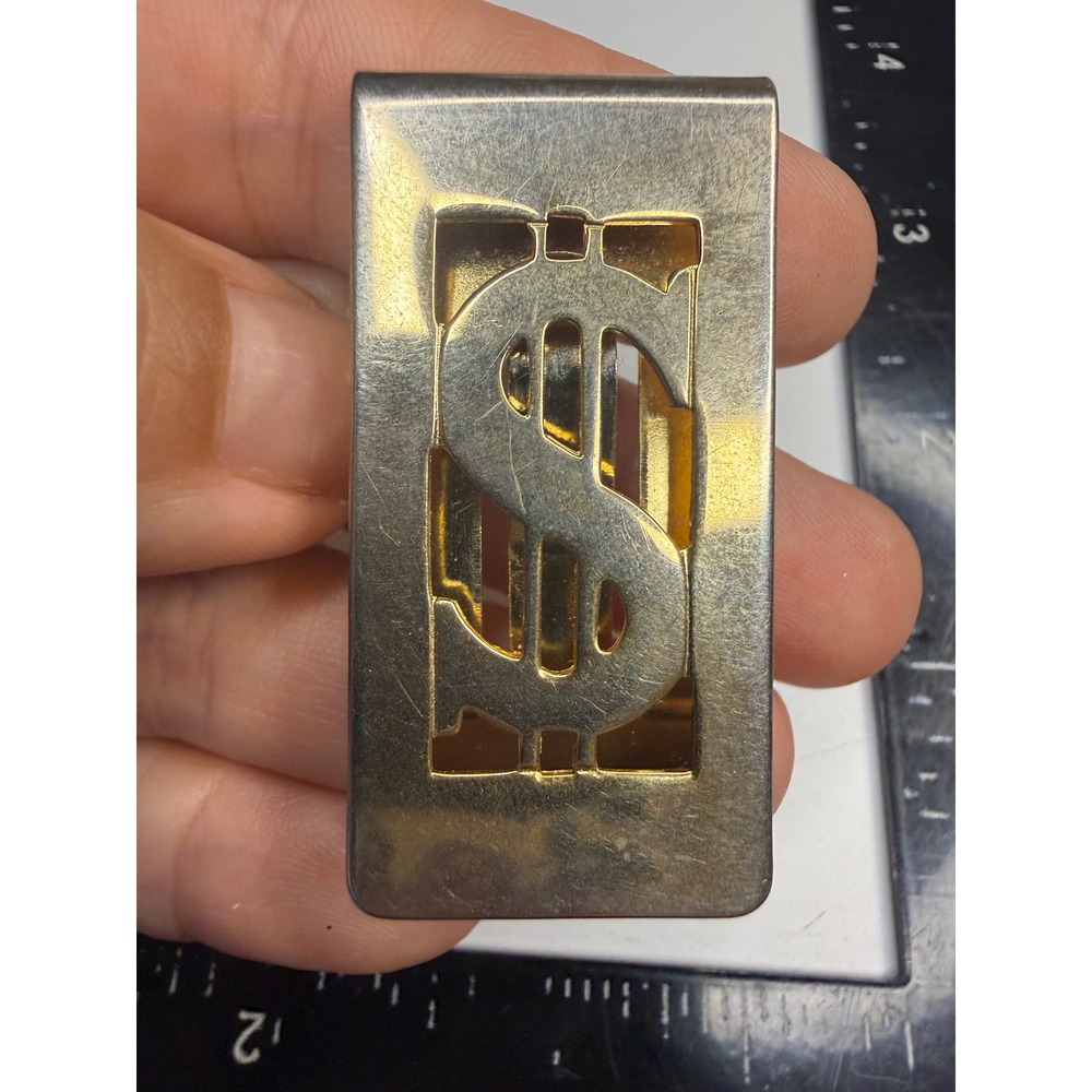 Two Tone Dollar Sign Money Clip Silver Gold Tone Metal Cutout Slim Wallet